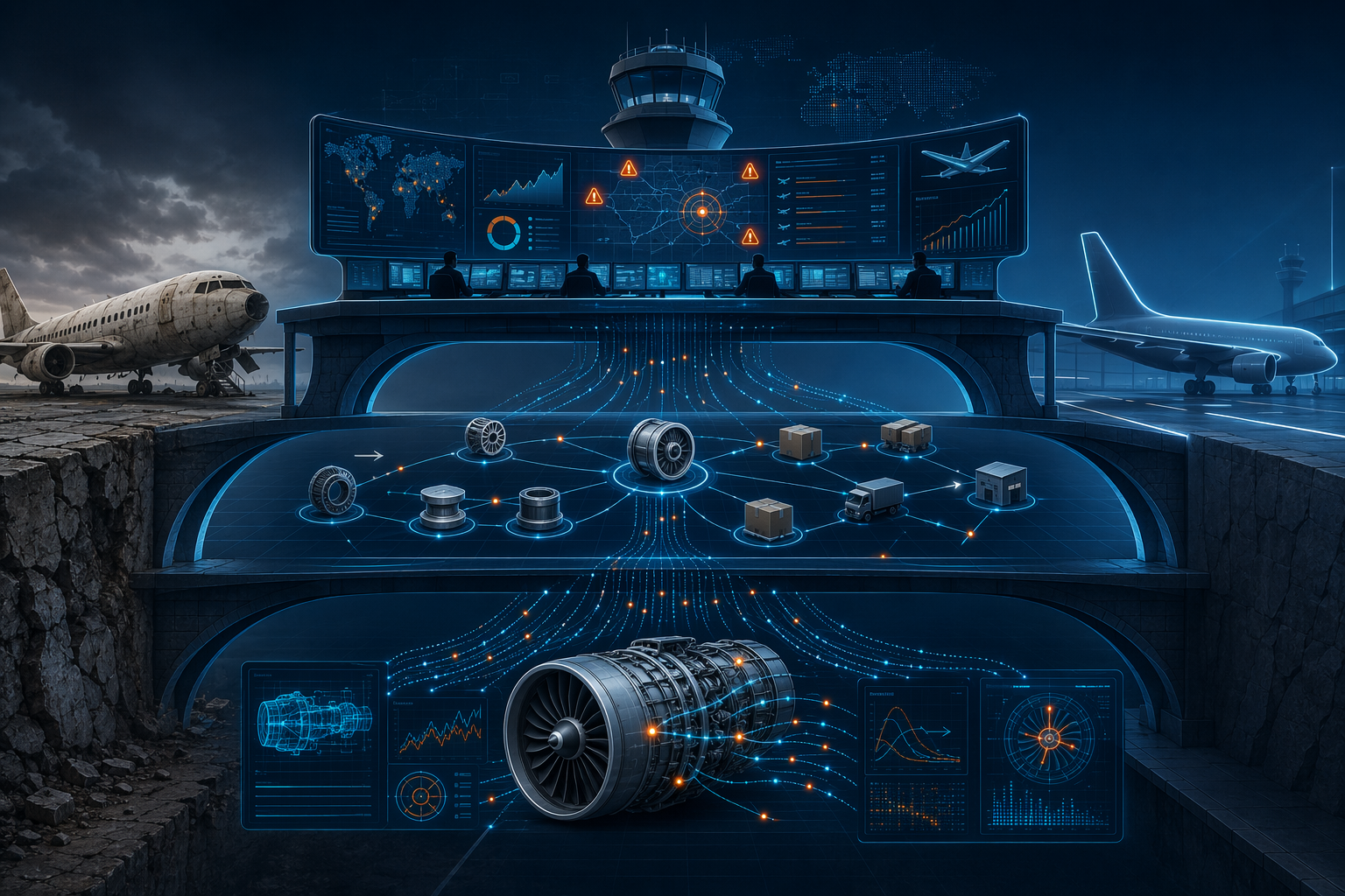Three connected AI layers showing predictive maintenance, parts demand forecasting, and supply chain visibility bridging an older aircraft to a newer aircraft