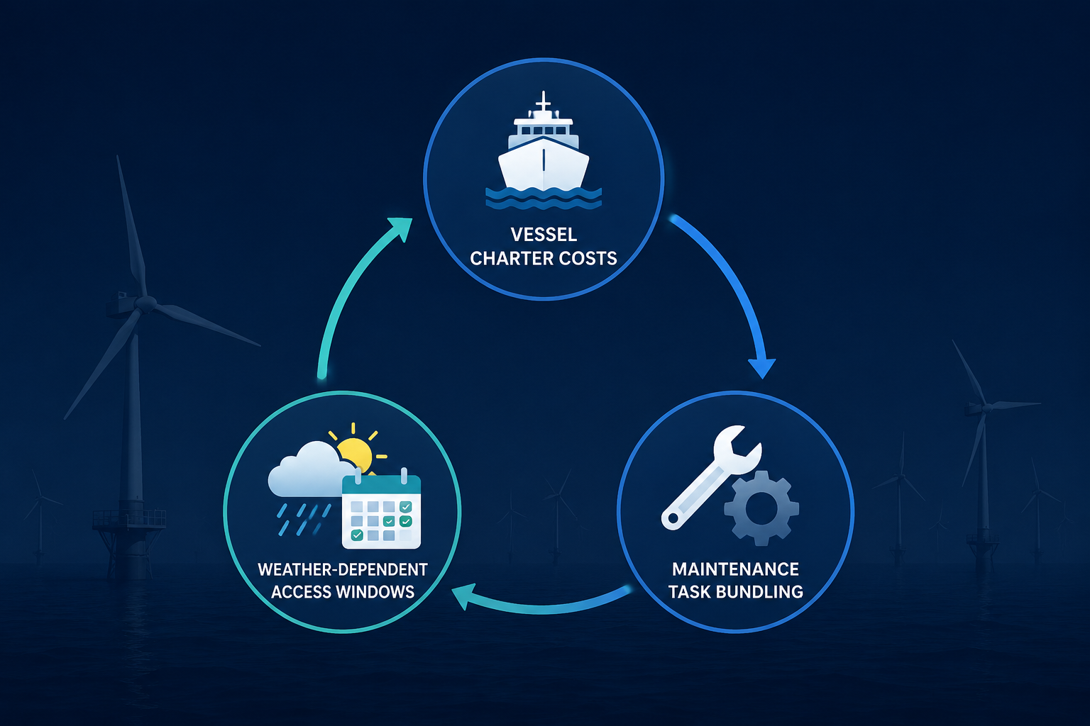 Triangle linking vessel charter costs, weather-dependent access windows, and maintenance task bundling