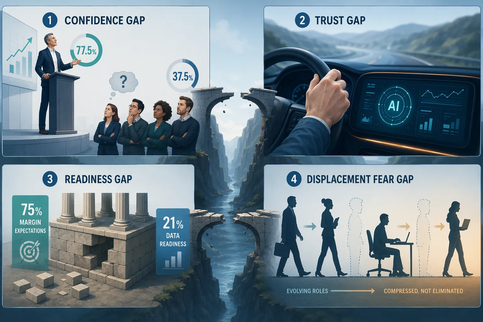 Four-panel diagnostic map of confidence, trust, readiness, and displacement-fear gaps in supply chain AI adoption