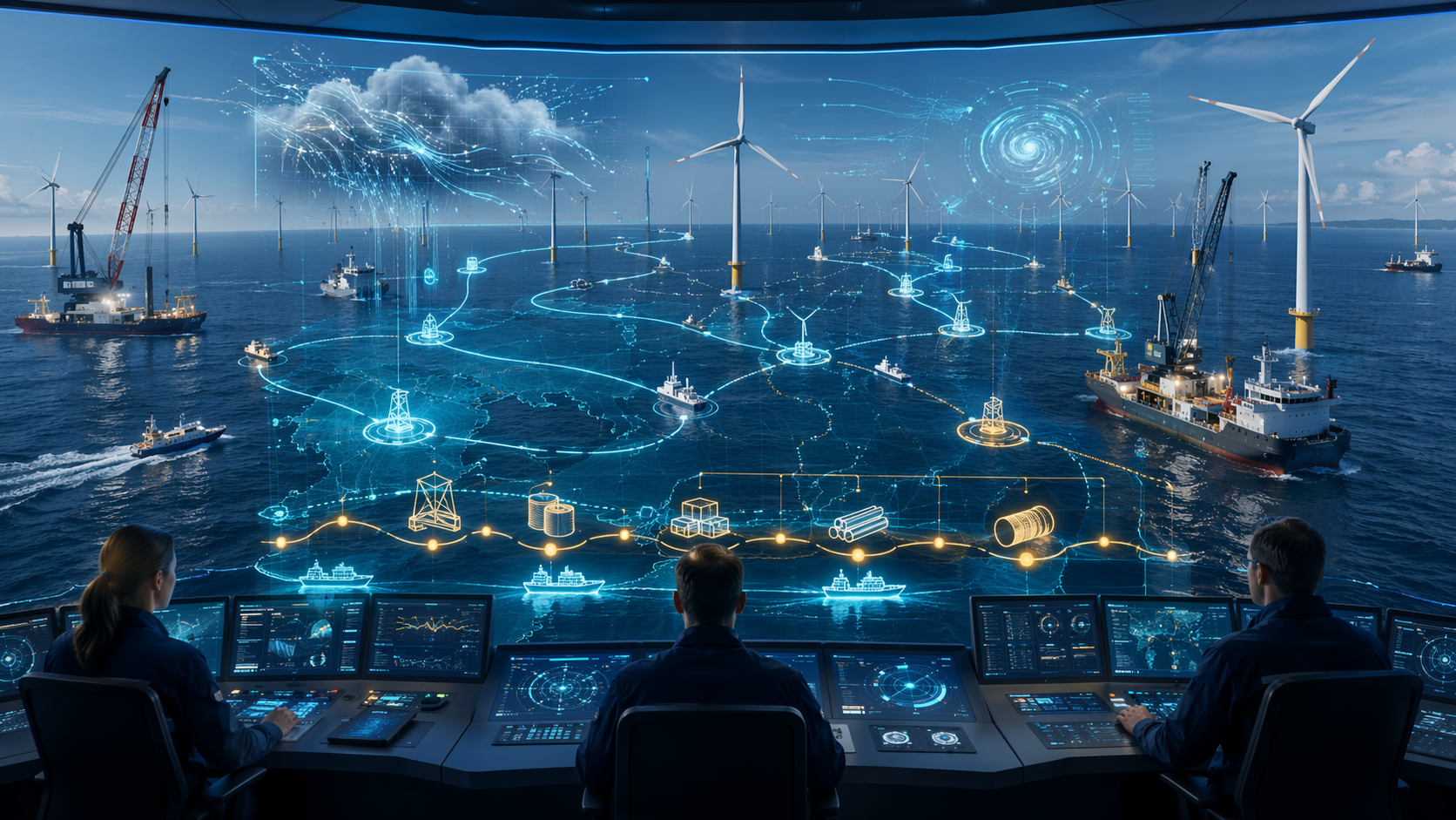Digital control tower interface connecting offshore wind turbines, installation vessels, weather overlays, and scheduling nodes