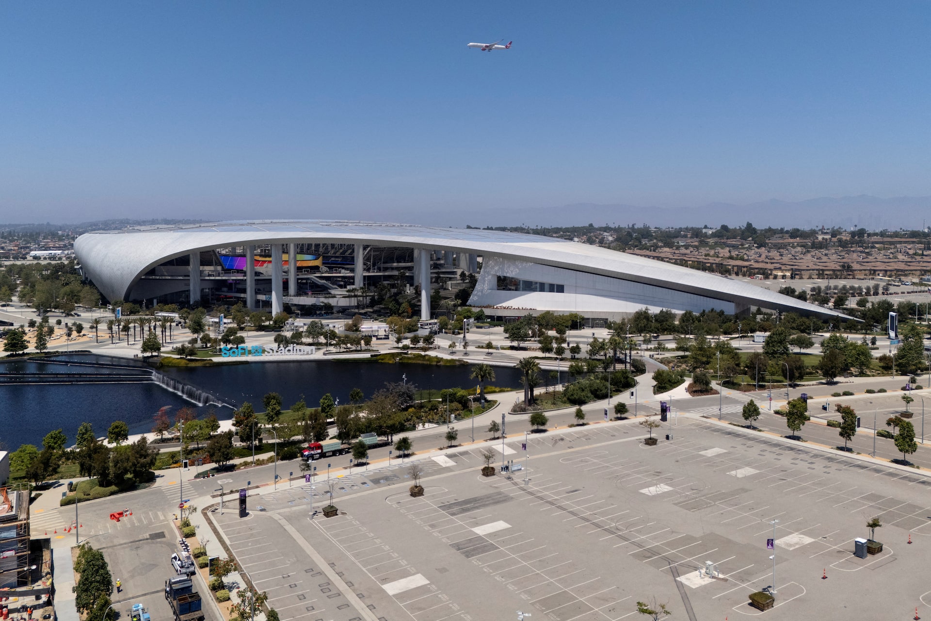 Security personnel and counter-drone monitoring equipment at a World Cup 2026 venue