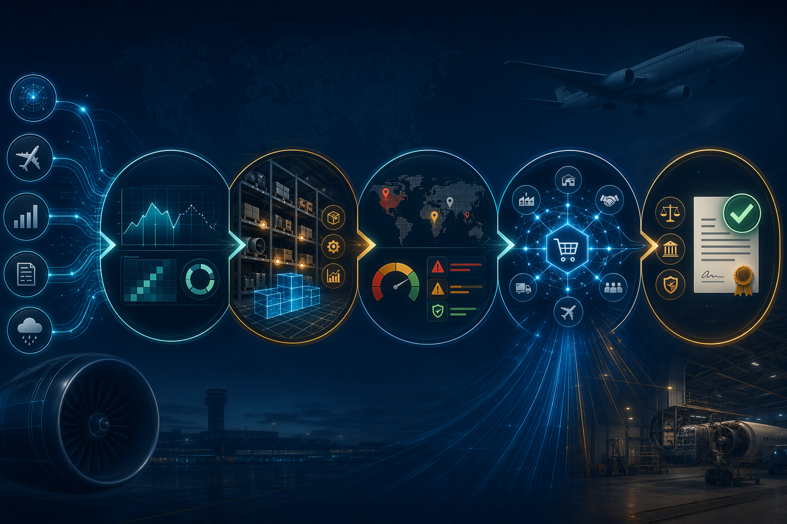Infographic showing five connected stages of an AOG prevention pipeline from forecasting to procurement