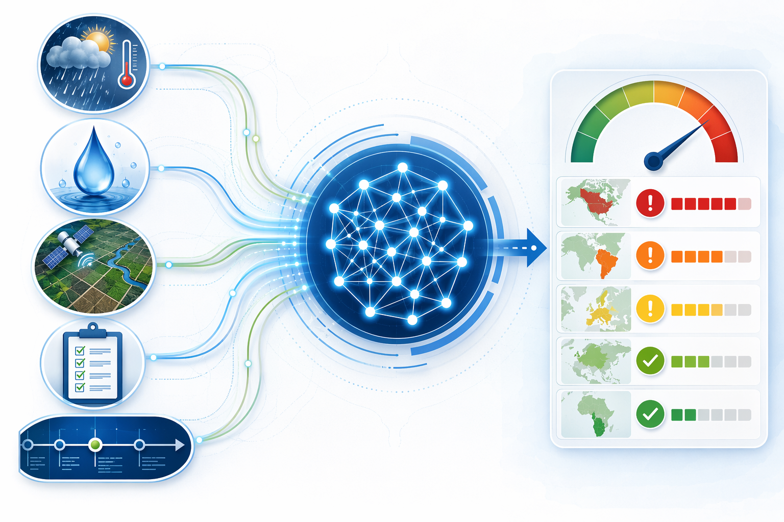 Workflow showing weather, water-quality, satellite, audit, and outbreak data feeding an AI risk-scoring system