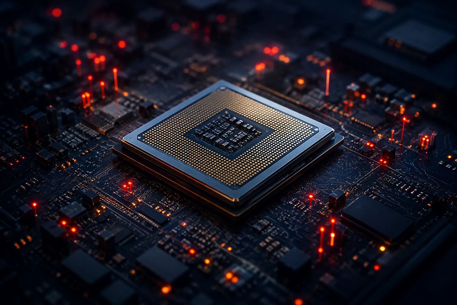 Server processor on a dark circuit board with glowing indicators suggesting allocation constraints