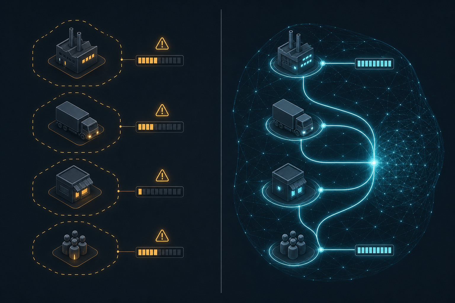 Two-panel diagram contrasting siloed per-echelon inventory decisions with amber warning indicators on the left, against a unified AI-optimized network with synchronized inventory bars and cyan connectivity lines on the right.