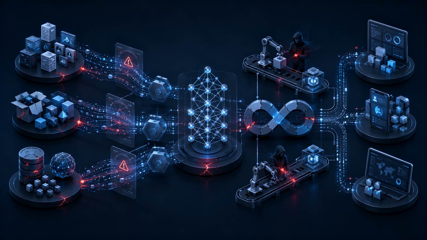 AI model supply chain network with data sources, open-source packages, third-party registries, pipelines, and enterprise applications showing hidden vulnerabilities