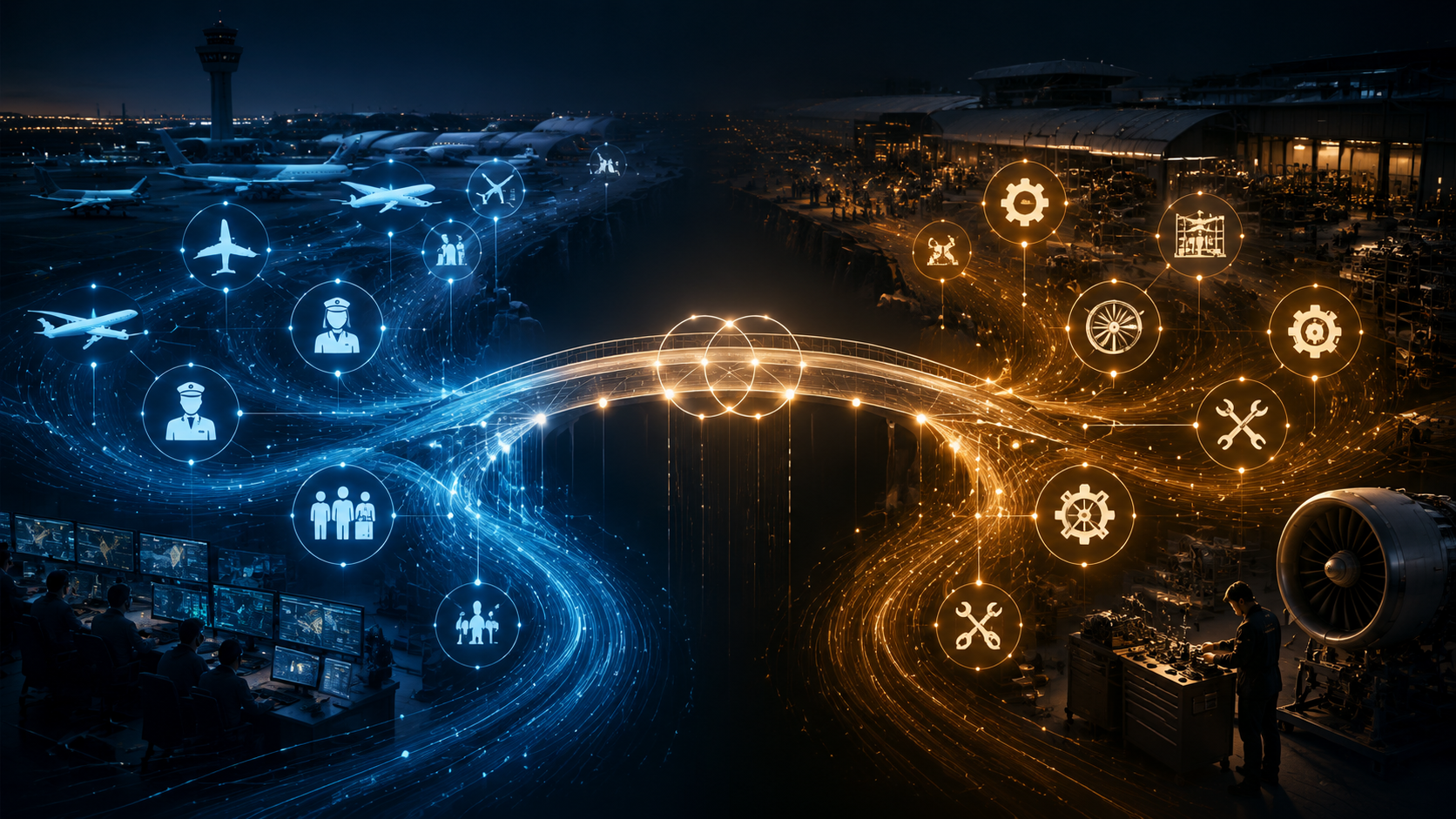 Two airline disruption streams for operations and maintenance connected by a luminous constraint bridge