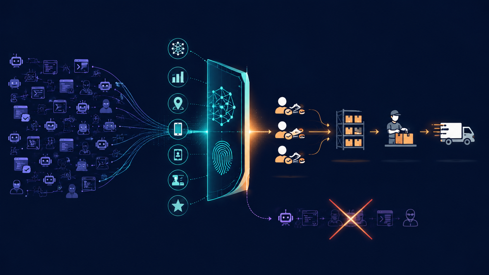 Process flow showing bots filtered through AI detection before genuine orders reach warehouse picking packing and delivery