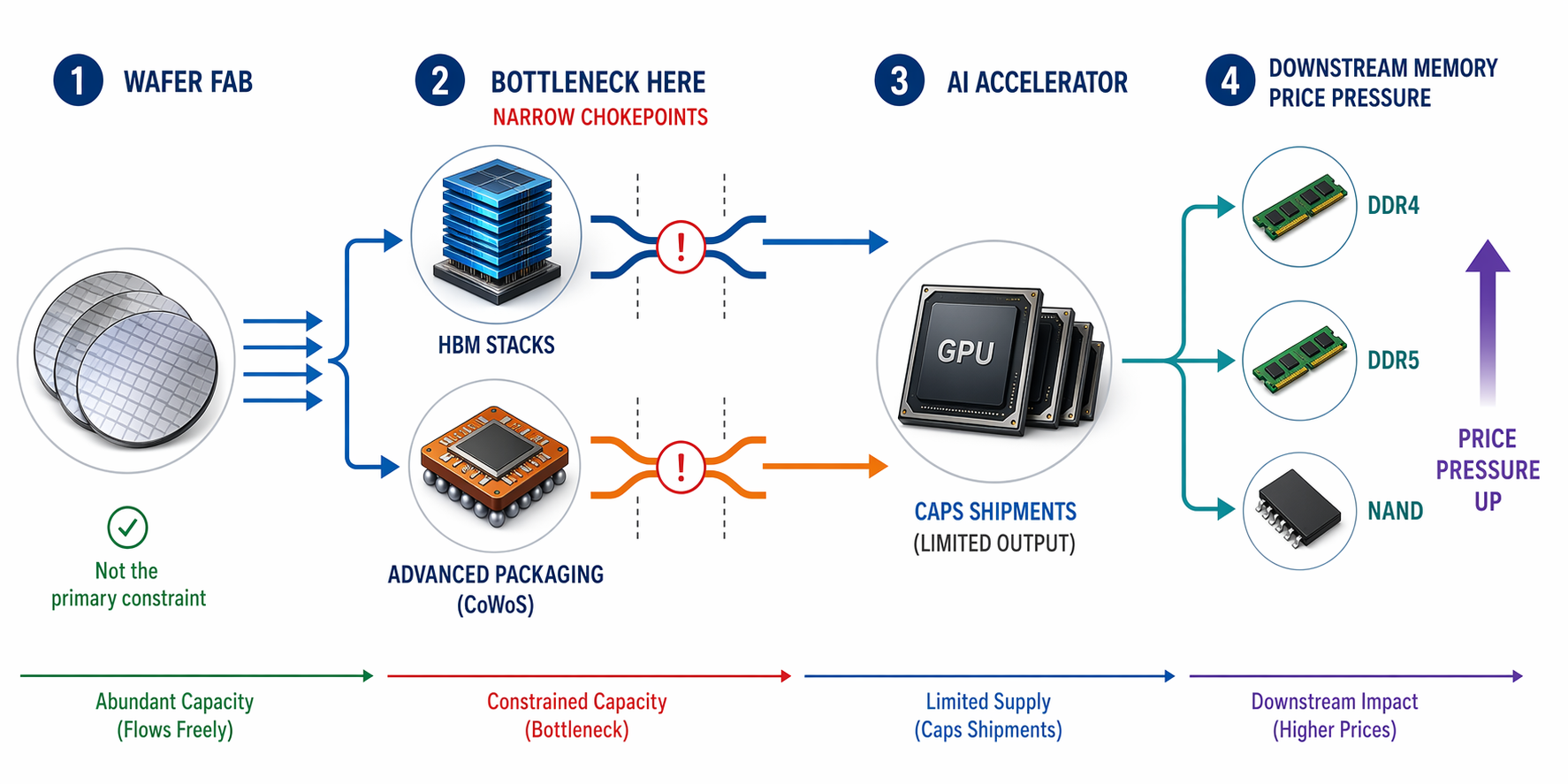 Flow diagram showing wafer fabs feeding into HBM and CoWoS bottlenecks, then limited AI accelerator output and memory price pressure