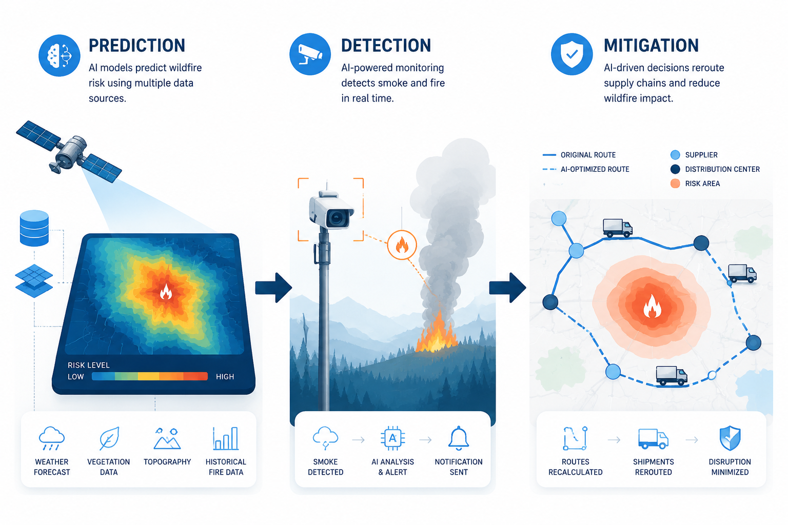 Three-phase AI wildfire workflow showing prediction, detection, and mitigation across a supply chain network