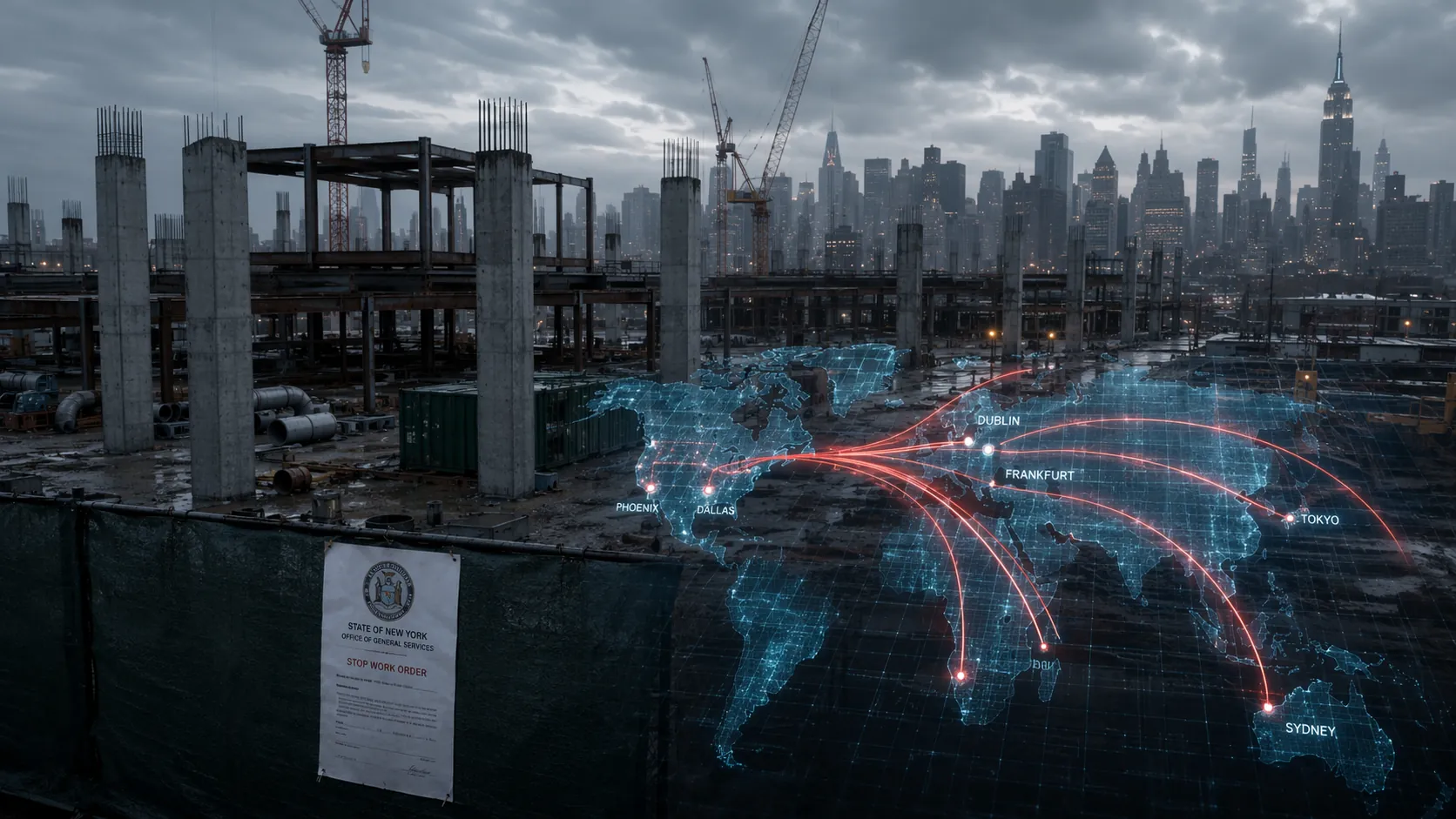 Stalled data center construction site with digital supply chain redirection arrows and a state-seal document on a construction barrier