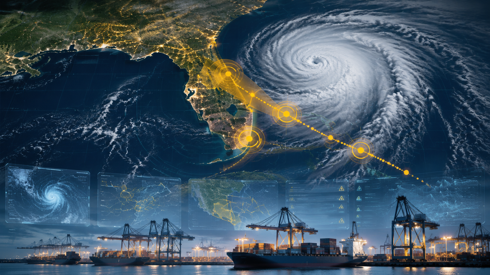 A hurricane approaching Florida with digital alert overlays, port cranes, and container ships