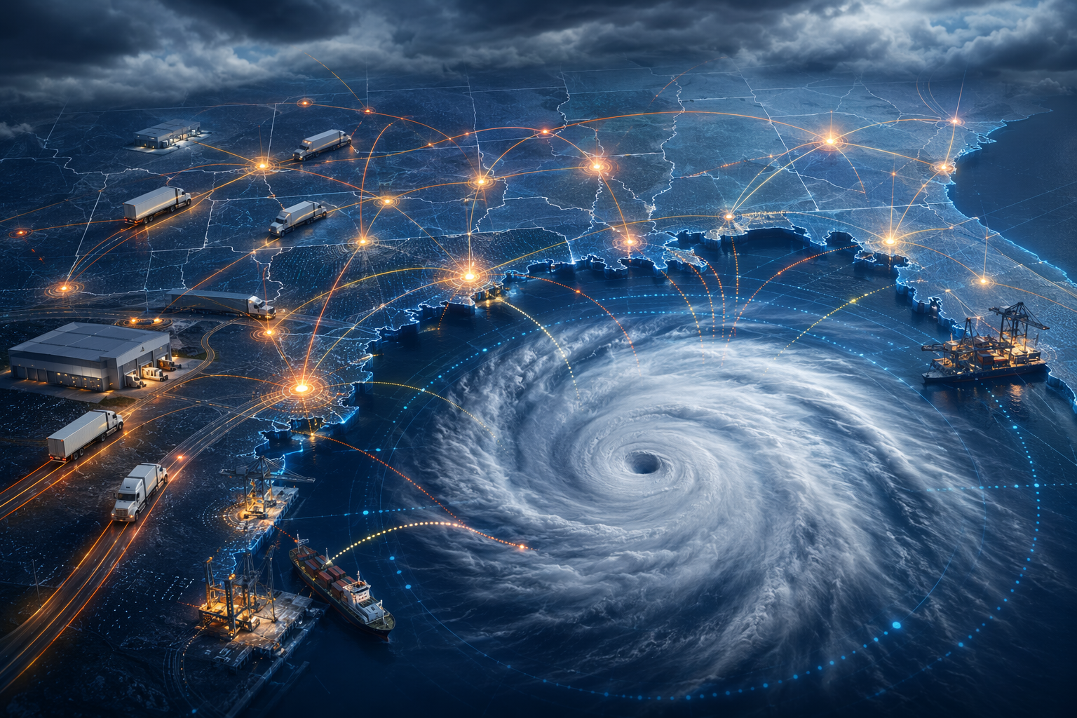 Illustration of AI-powered storm demand sensing and rerouting across Gulf Coast ports, warehouses, and truck routes