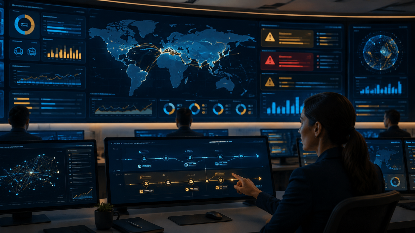 Control tower operations center with route dashboards, anomaly alerts, and a timeline compressed from days to minutes