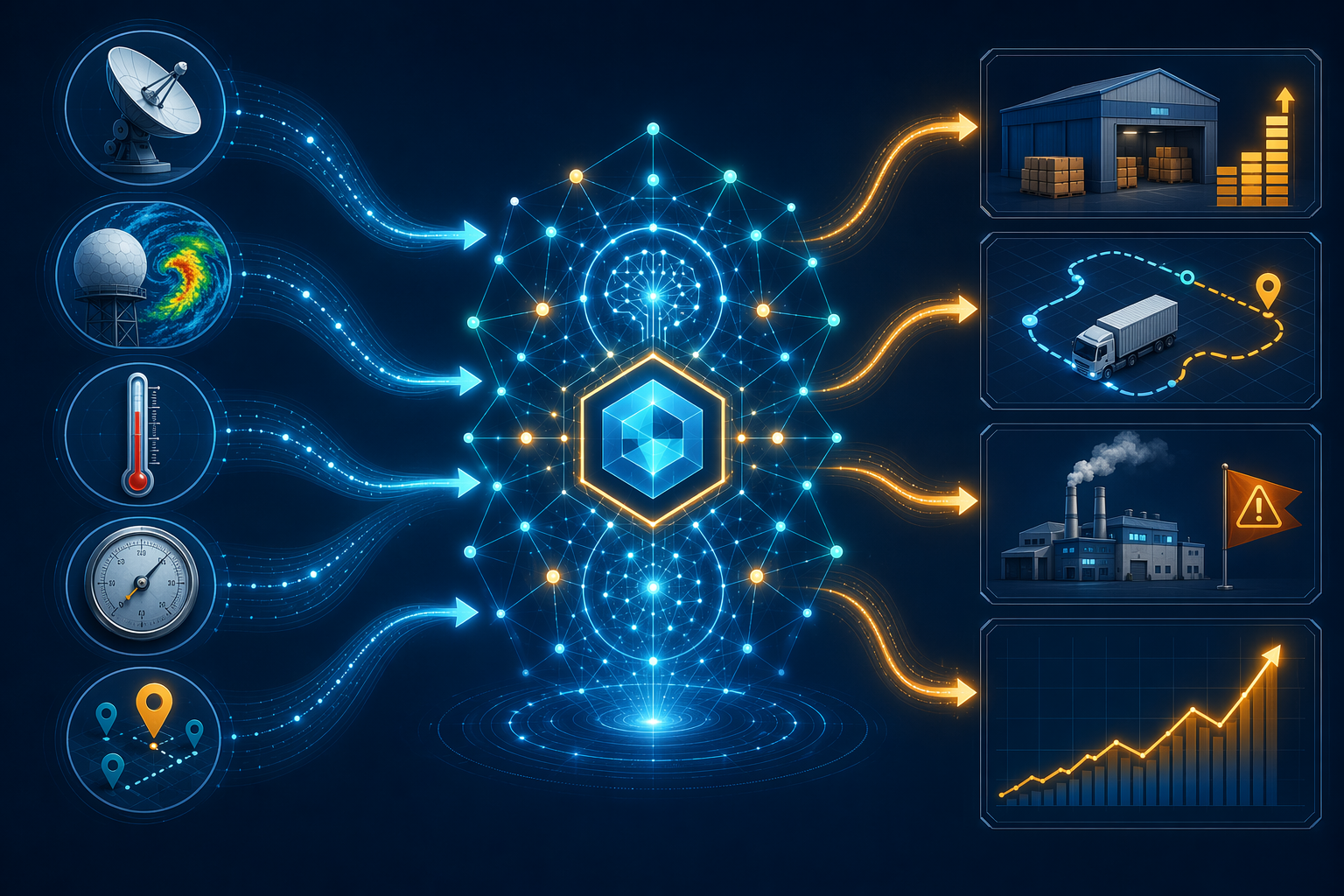 Weather, satellite, sensor, and location data flowing through an AI processing layer into warehouse, route, supplier, and demand outputs