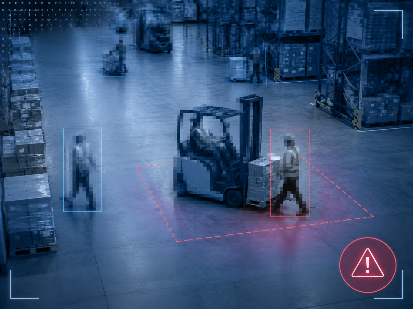 Privacy-preserving warehouse computer vision scene with blurred workers and safety detection boxes