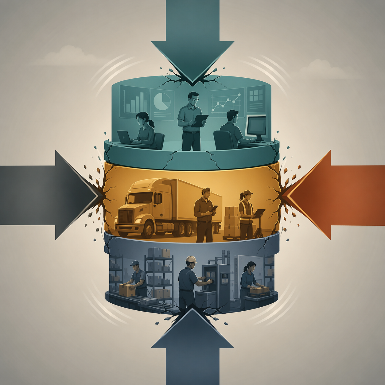Four pressure forces converging onto a three-tier supply chain workforce stack