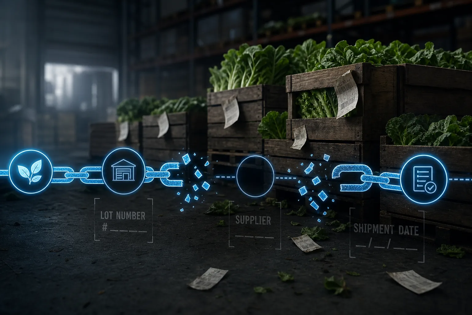 Fragmented fresh produce supply chain with broken digital data links and missing lot information