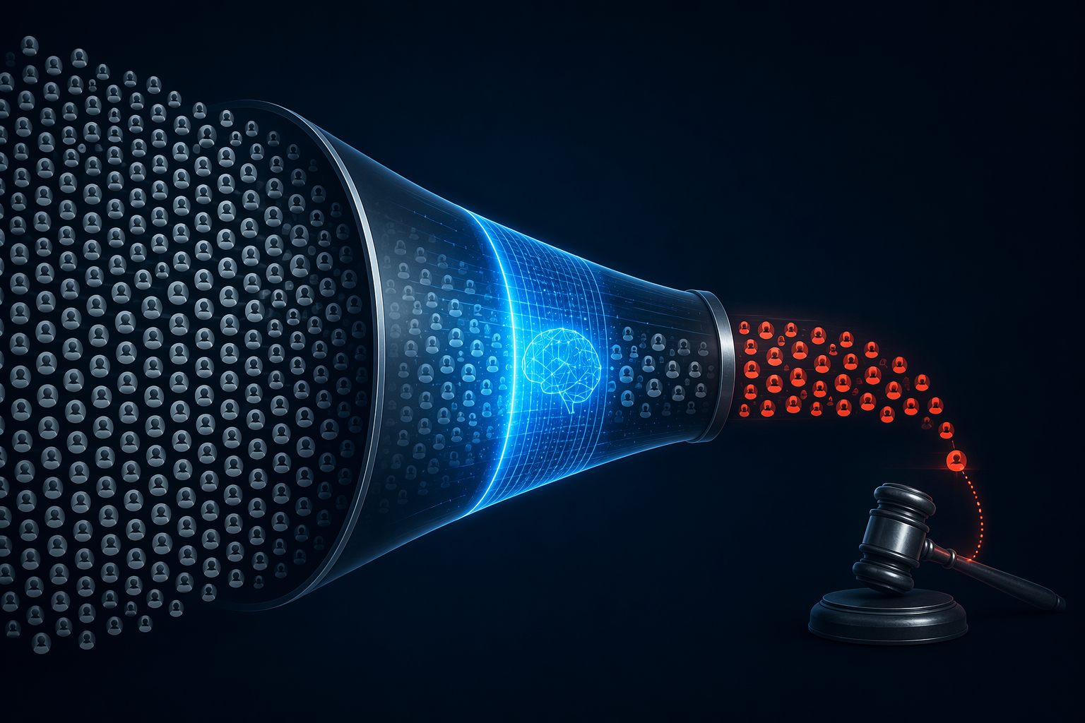 AI scanning funnel filtering 43,000 vendor dots into 19,000 flagged supplier dots and one prosecution signal