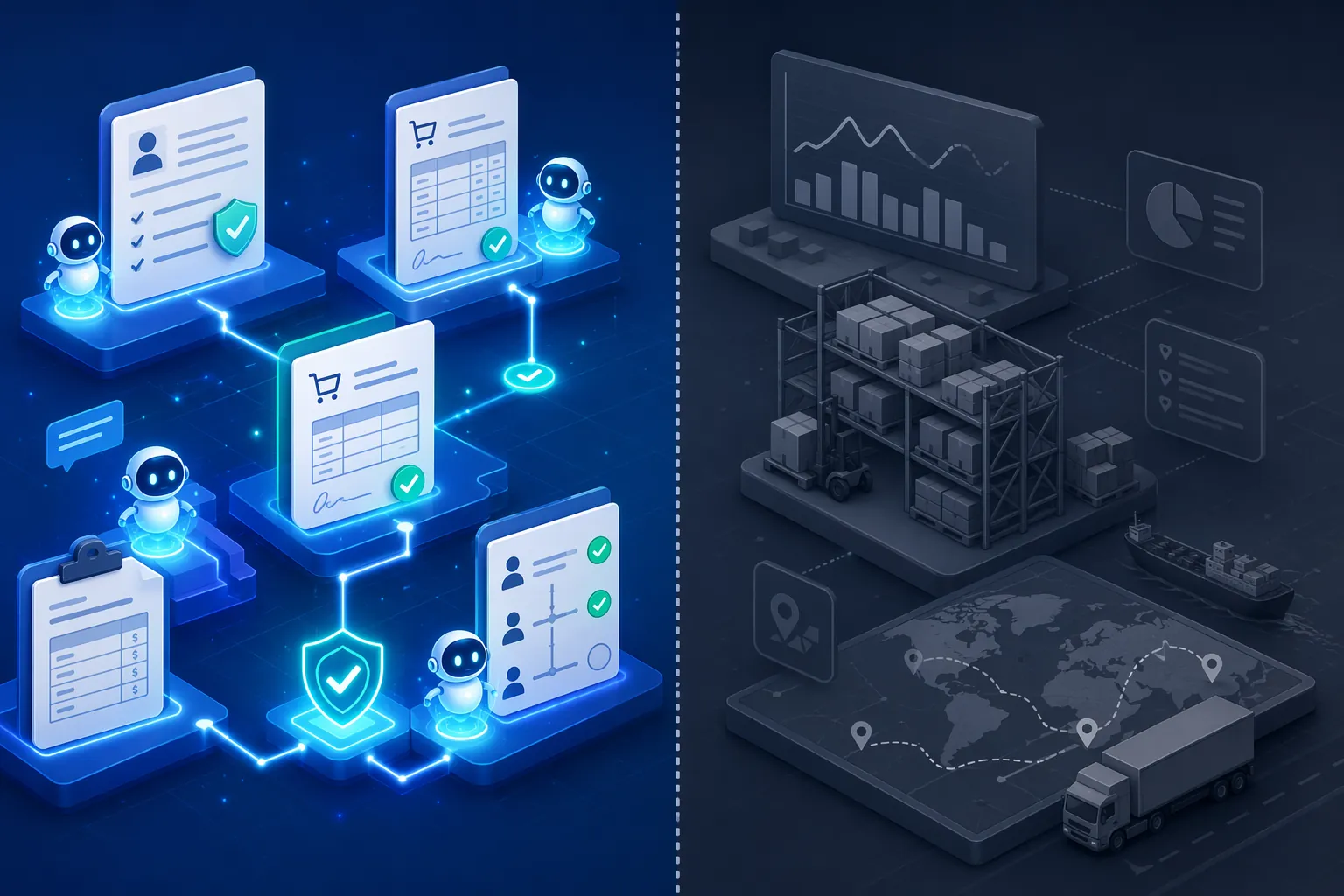 Enterprise supply chain stack divided between active procurement workflow AI agents and muted planning, warehouse, and routing systems