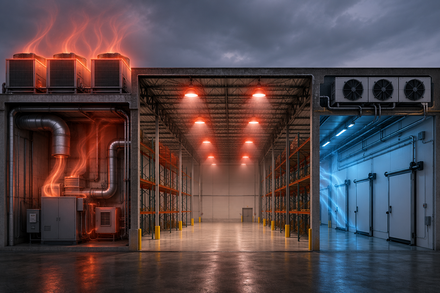 Warehouse cross section showing HVAC, lighting, and cold storage equipment zones
