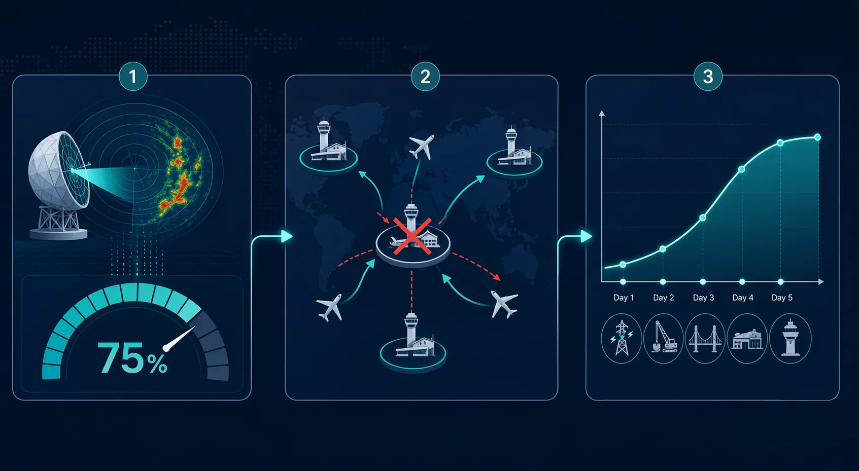 Three capability blocks showing weather disruption probability, hub outage rerouting, and multi-day recovery timeline