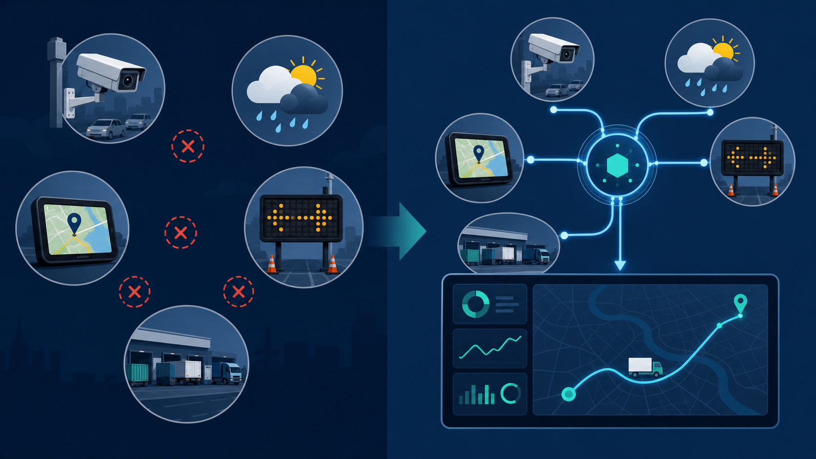 Disconnected traffic, weather, GPS, DOT, and logistics systems compared with a unified routing dashboard