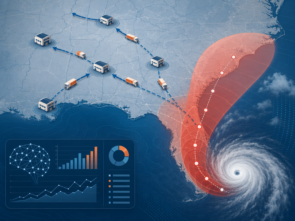 Logistics map showing warehouse and truck icons positioned outside a hurricane risk cone near the southeastern United States