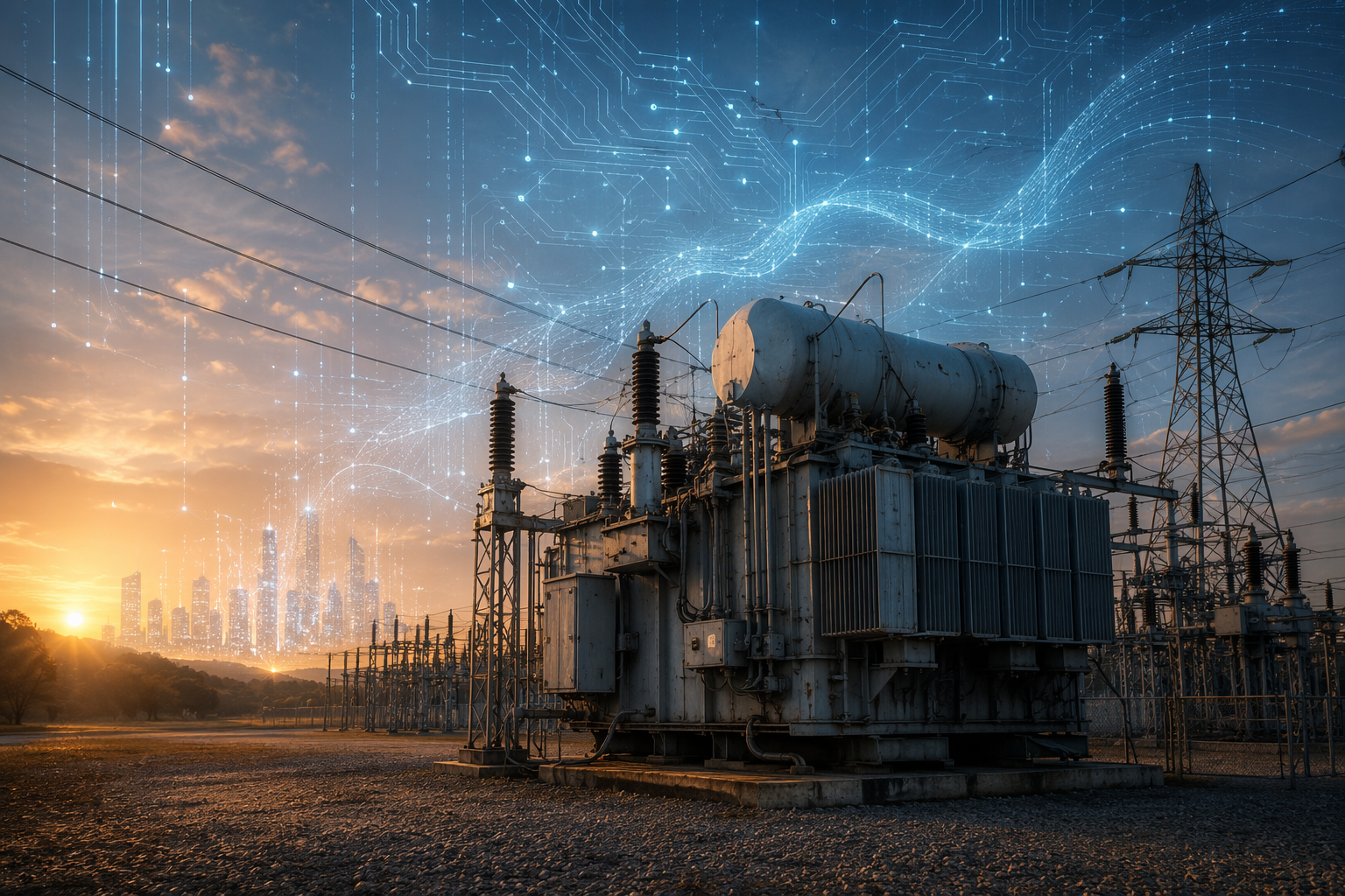 Large transformer in a substation with digital data streams and a distant city skyline