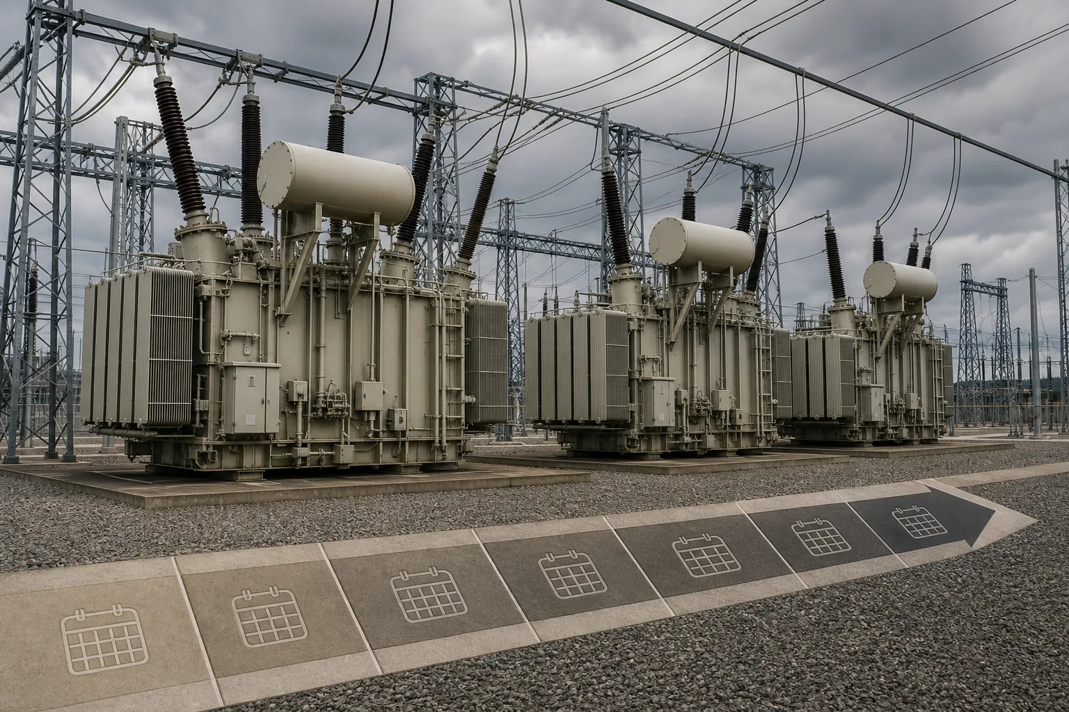 Power transformers at an electrical substation with a calendar overlay indicating multi-year lead times