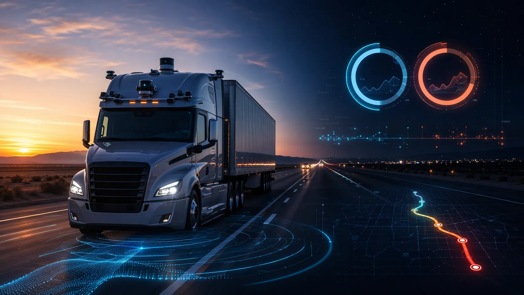 Autonomous tractor-trailer driving on a twilight highway corridor with abstract safety and route analysis visuals