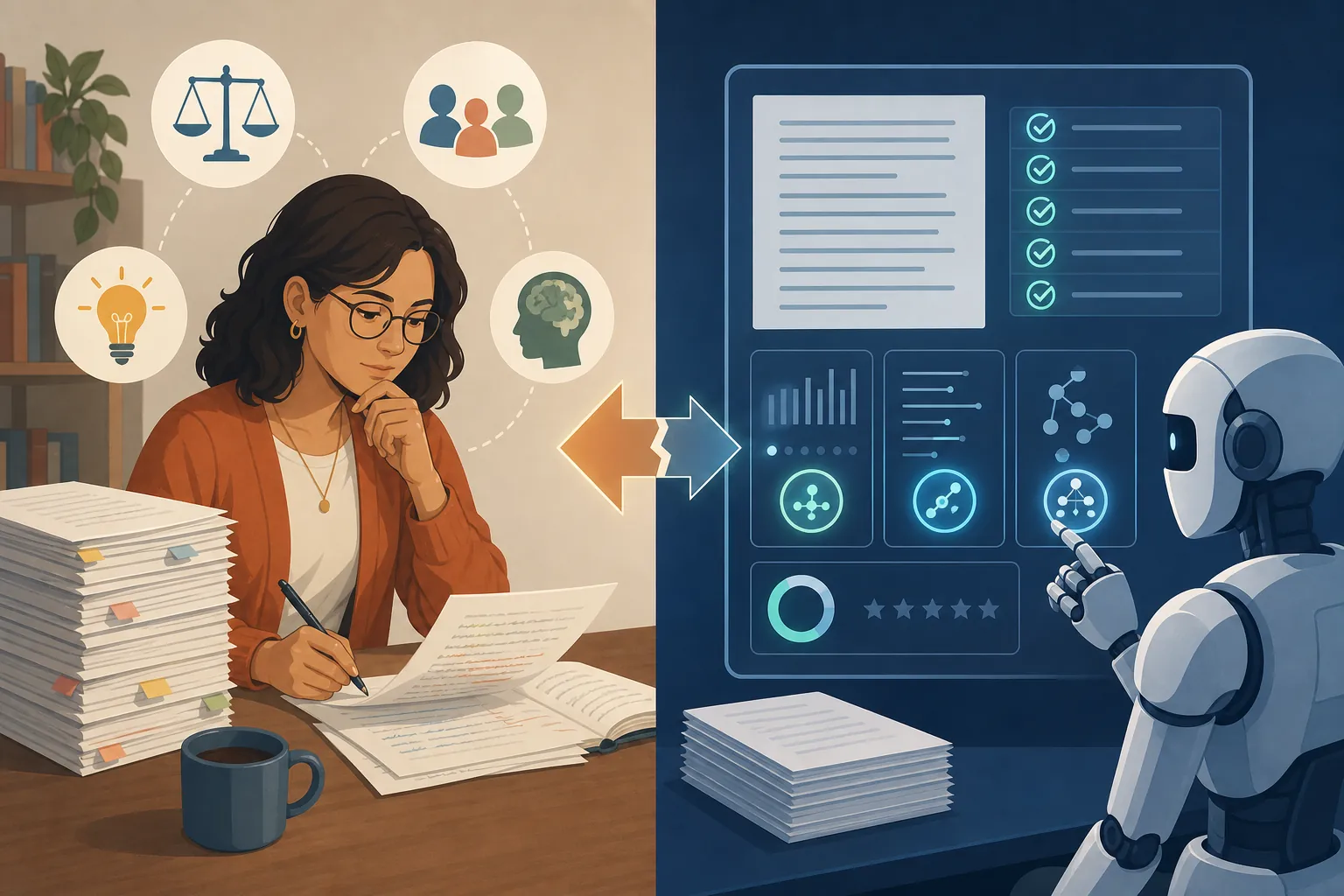 Human evaluator and AI grading interface separated by a gap, contrasting contextual essay review with linguistic-feature scoring