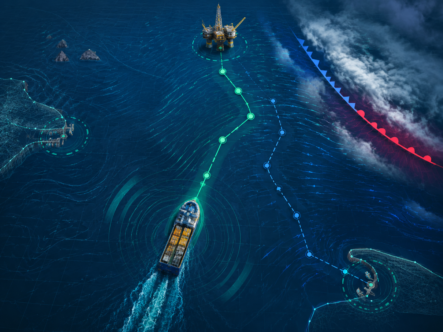 Offshore supply vessel route optimization schematic with weather fronts, port icons, and waypoint nodes