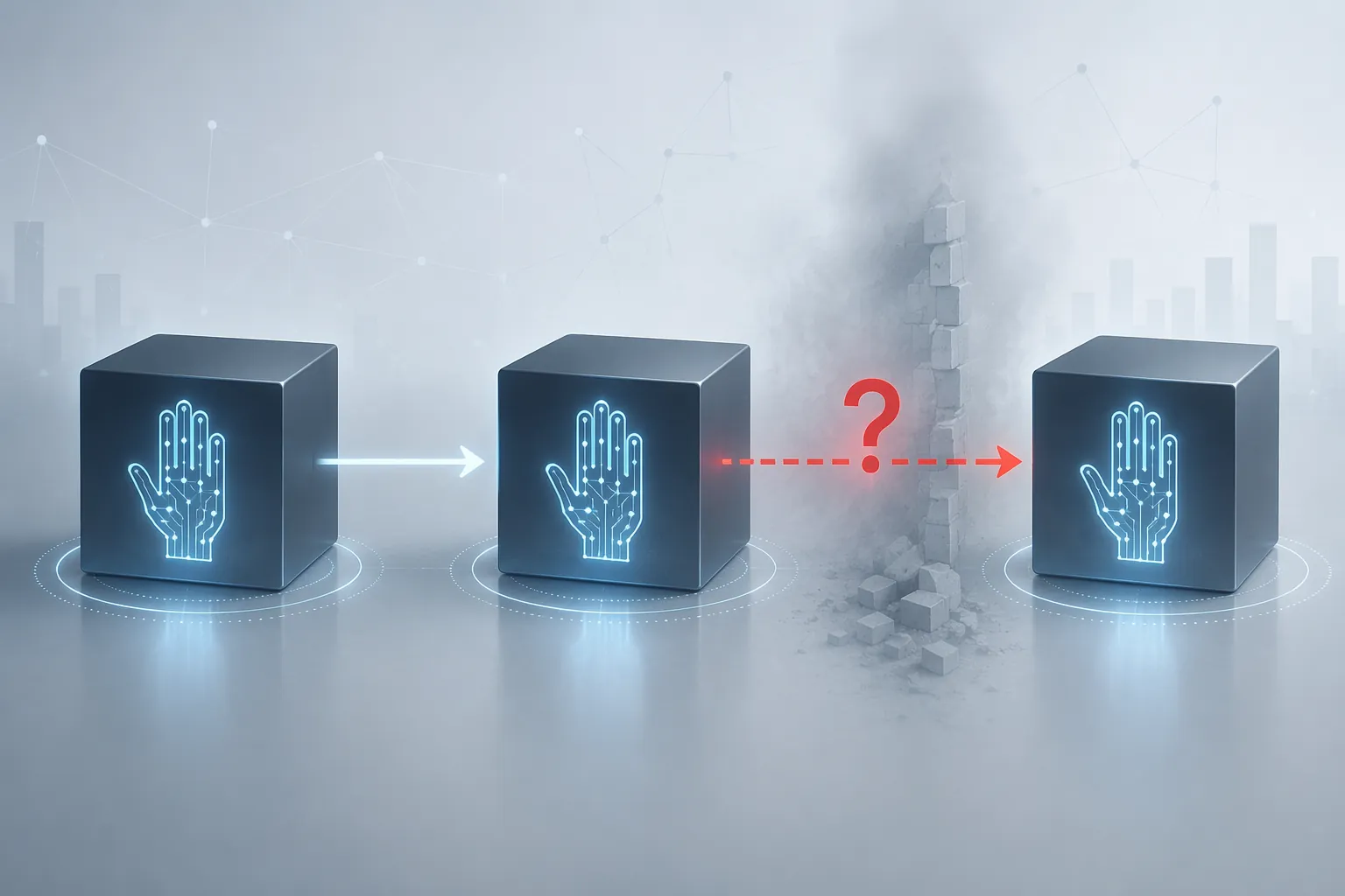Interconnected corporate cubes showing a multi-agent handoff with a visibility gap