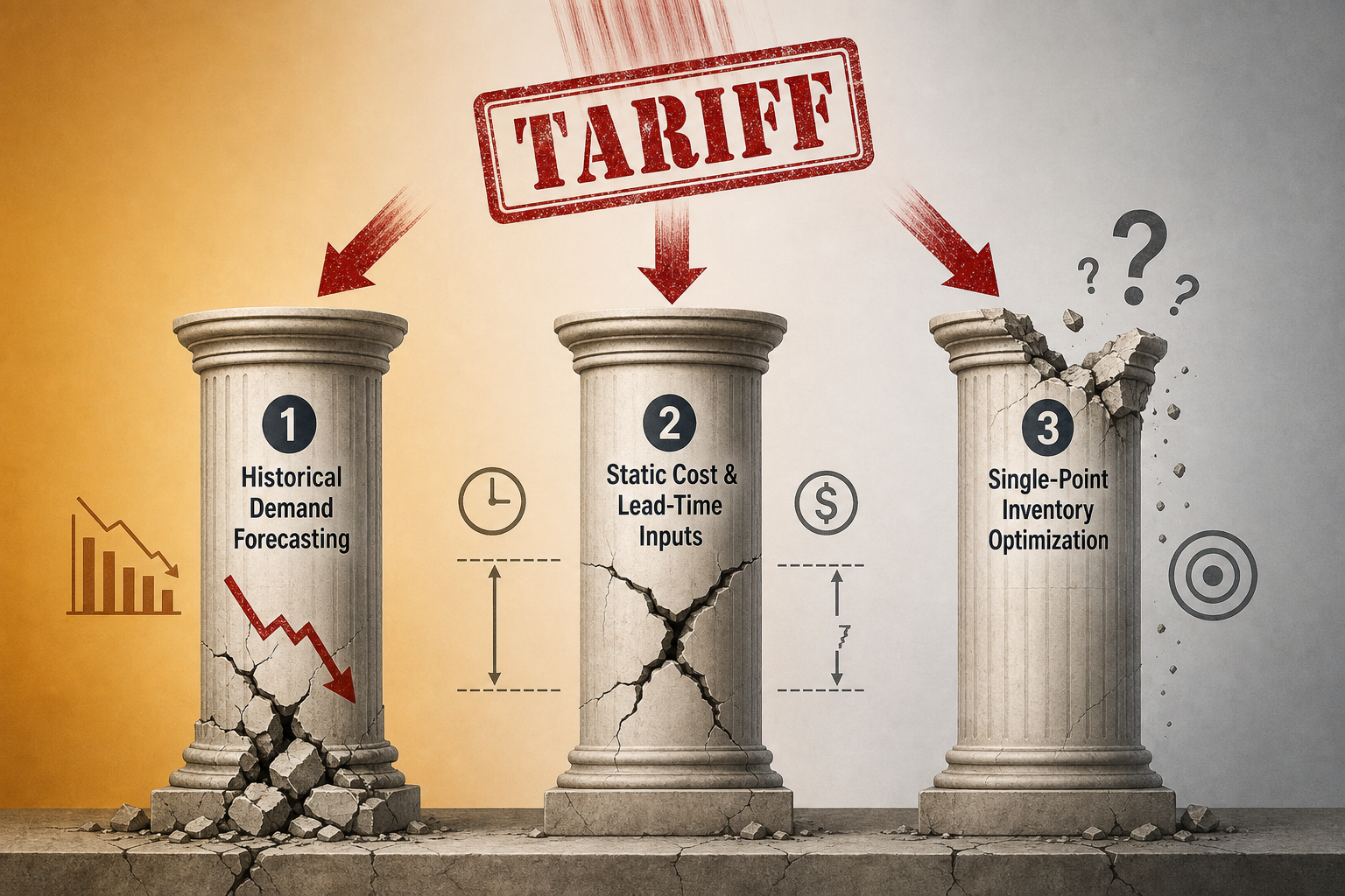 Editorial infographic showing three tall pillars labeled Historical Demand Forecasting, Static Cost and Lead-Time Inputs, and Single-Point Inventory Optimization, each with cracks and damage, while a red tariff-stamp icon strikes downward from above all three.