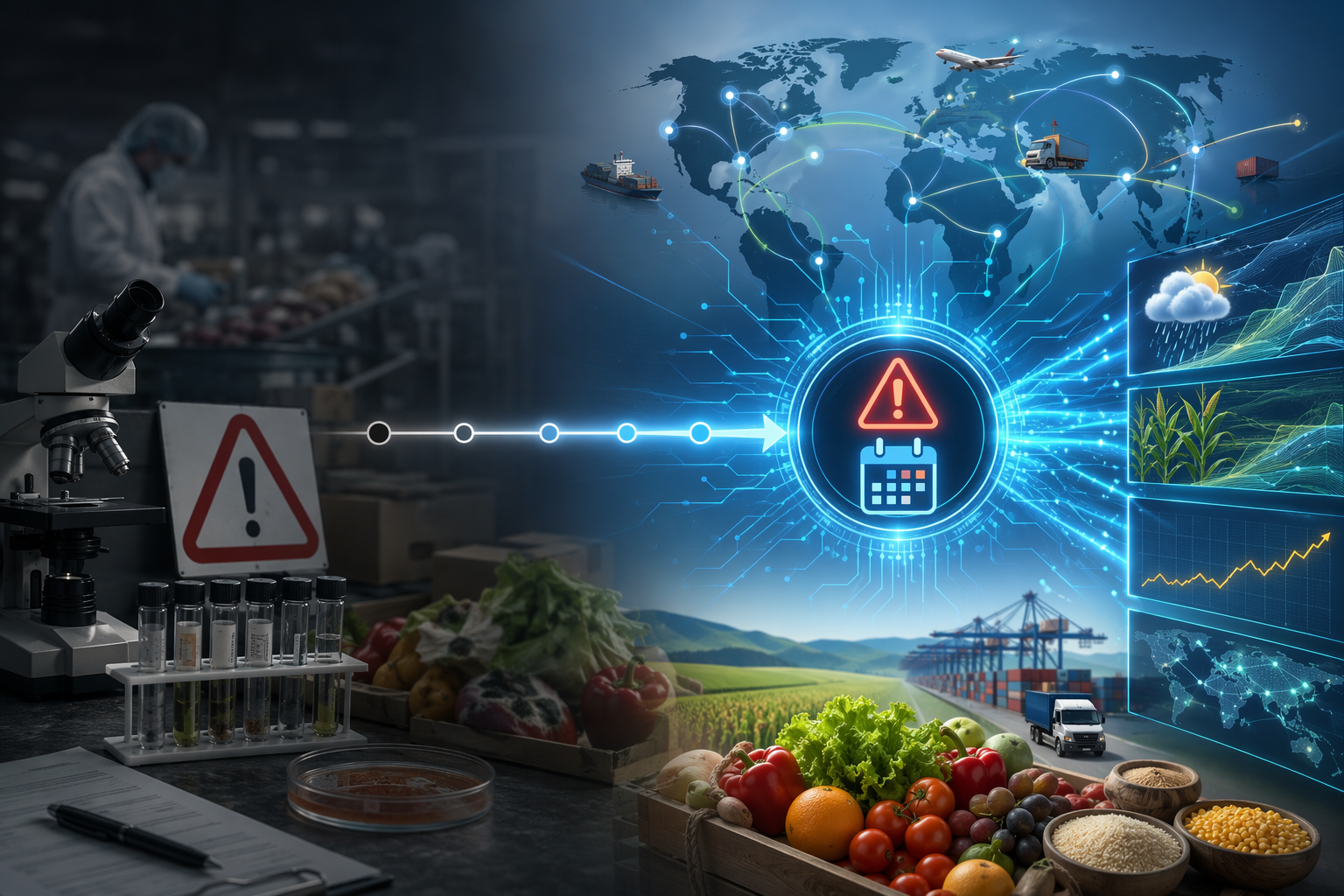 Reactive laboratory testing contrasted with a digital supply chain map using weather, price, and trade signals for AI early warning