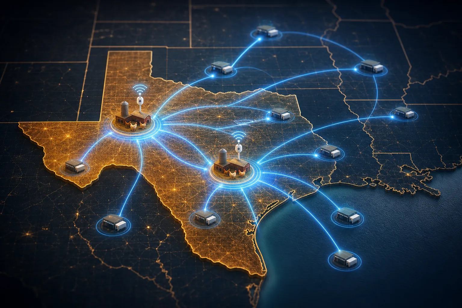 Digital supply chain map showing two Texas farm locations with detection signals and distribution routes to nearby states