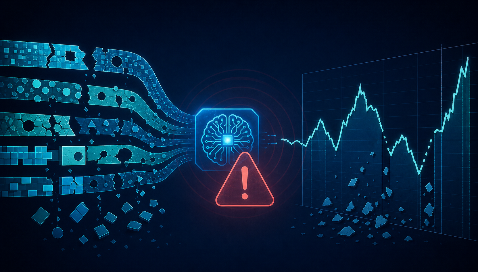 An editorial illustration showing fragmented, cracked, and incomplete data streams flowing into a glowing AI model icon on the left, with the output showing a broken forecast line with jagged spikes and gaps on the right, and a warning icon in between, against a deep navy background.