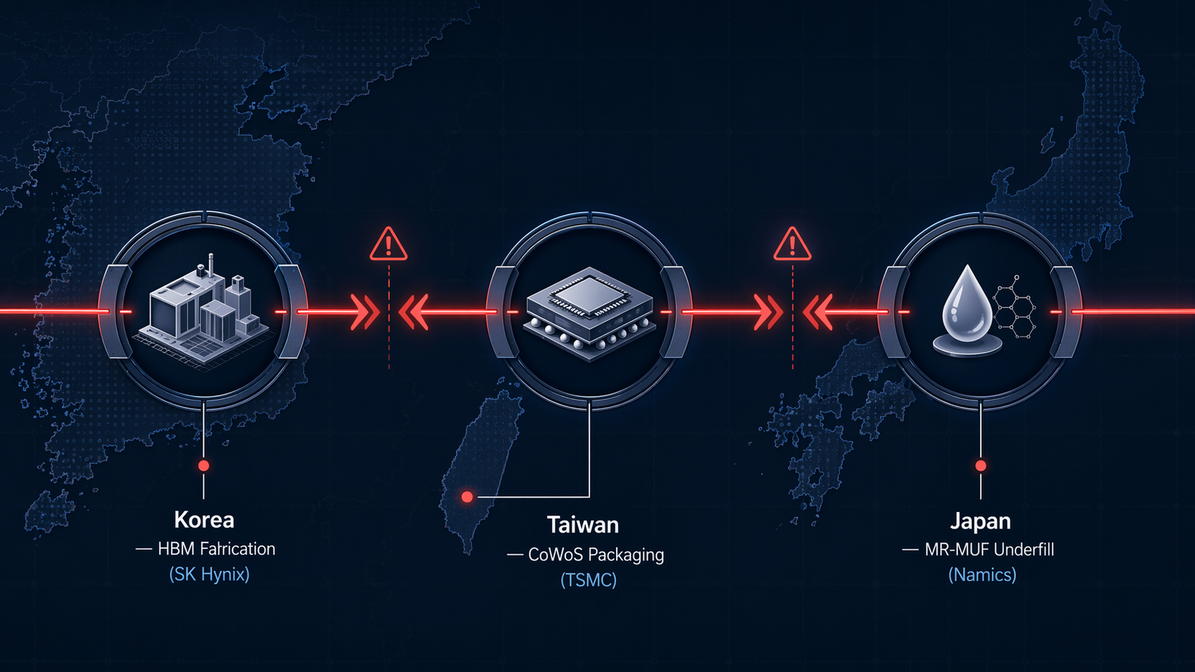 Serial dependency chain from Korea HBM fabrication through Taiwan CoWoS packaging to Japan underfill materials