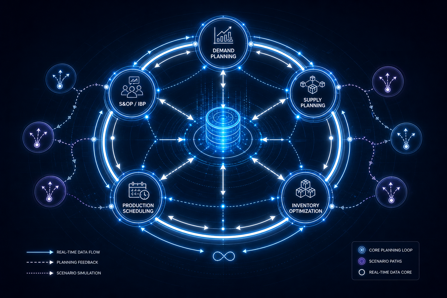 Abstract circular diagram showing concurrent planning with a central data core connected to demand, supply, inventory, production scheduling, and S&OP nodes via bidirectional arrows, representing simultaneous recalculation.