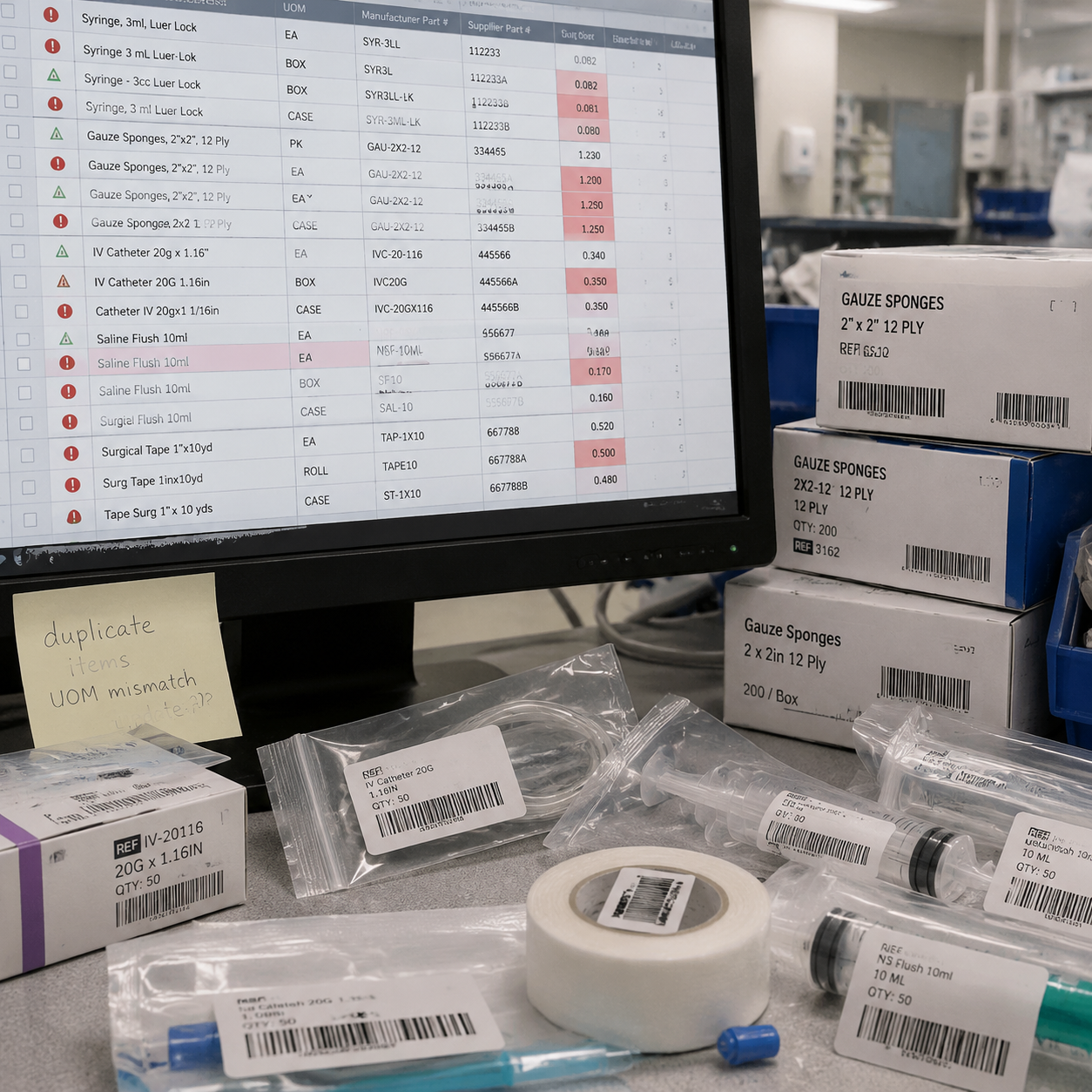 Medical supply item master spreadsheet with duplicate entries and unit-of-measure errors