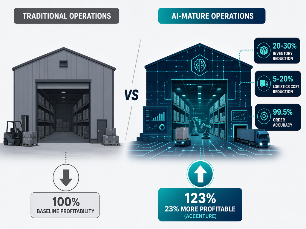 Side-by-side comparison infographic showing a gray traditional warehouse silhouette with a downward profit arrow labeled Baseline Profitability next to a glowing blue-teal AI-mature warehouse silhouette with an upward profit arrow labeled 23% More Profitable (Accenture).