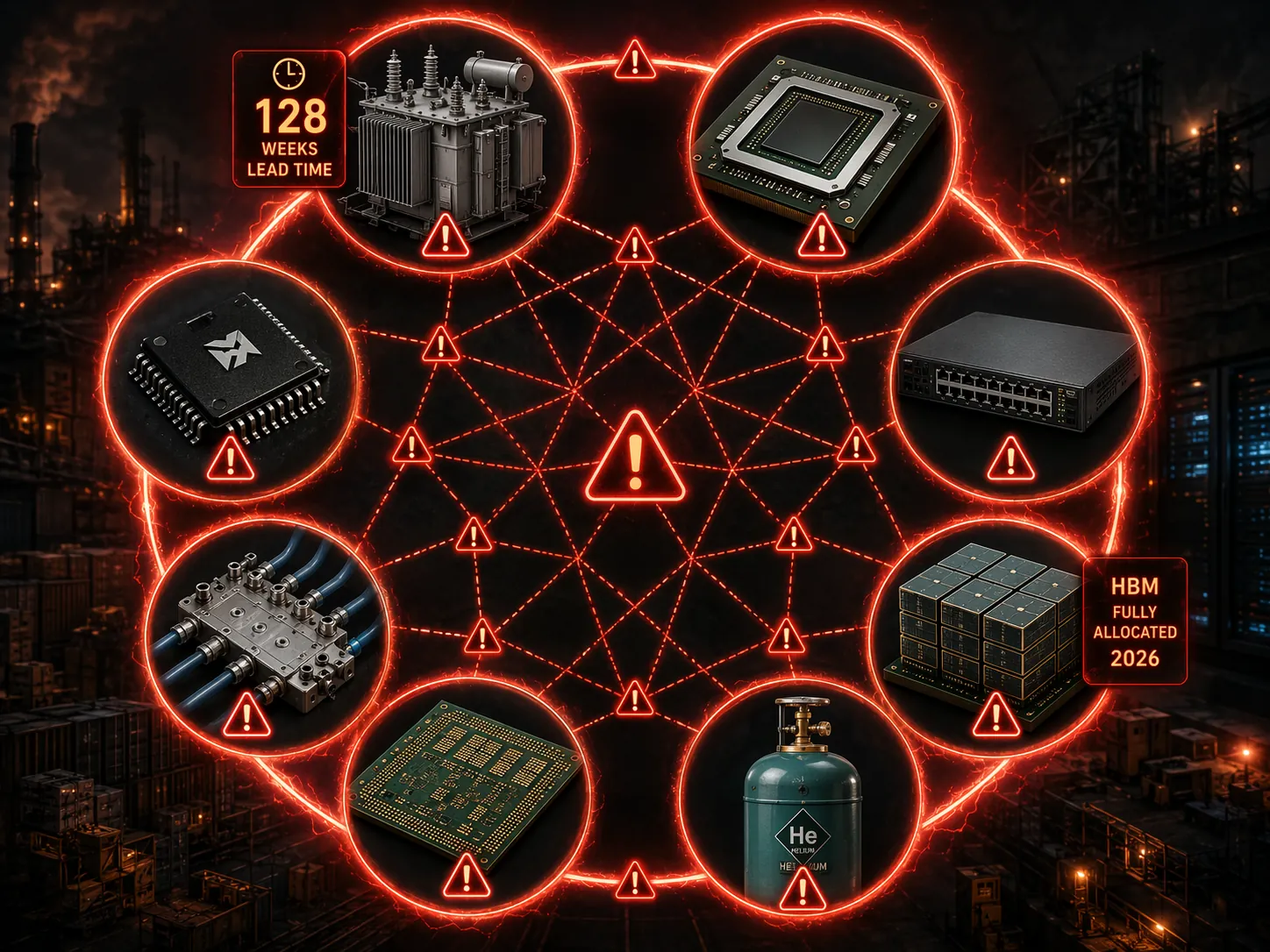 Circular diagram of eight AI infrastructure supply chain bottlenecks including transformers, GPUs, networking switches, HBM, helium, substrates, liquid cooling, and power management ICs