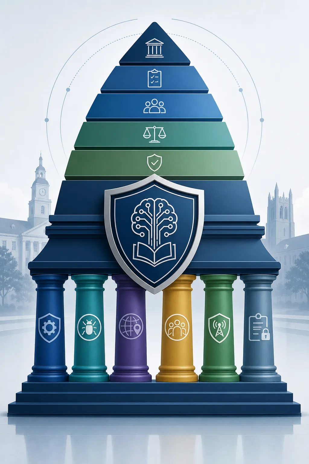 Six standards-based pillars supporting a shield for higher education AI procurement oversight