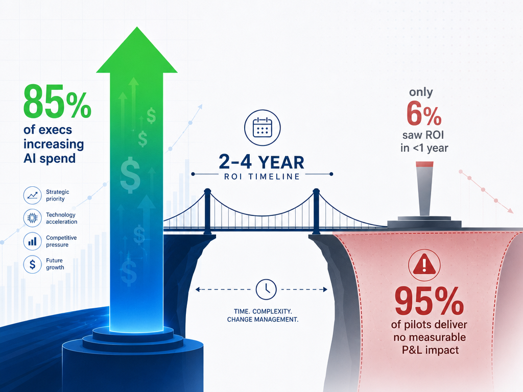 A data visualization showing the AI ROI paradox: on the left a large upward green-blue arrow with dollar signs and the label '85% of execs increasing AI spend', on the right a small thin bar and red faded zone representing 'only 6% saw ROI in less than one year' and '95% of pilots deliver no measurable P&L impact', with a bridge between them labeled '2-4 year ROI timeline'.