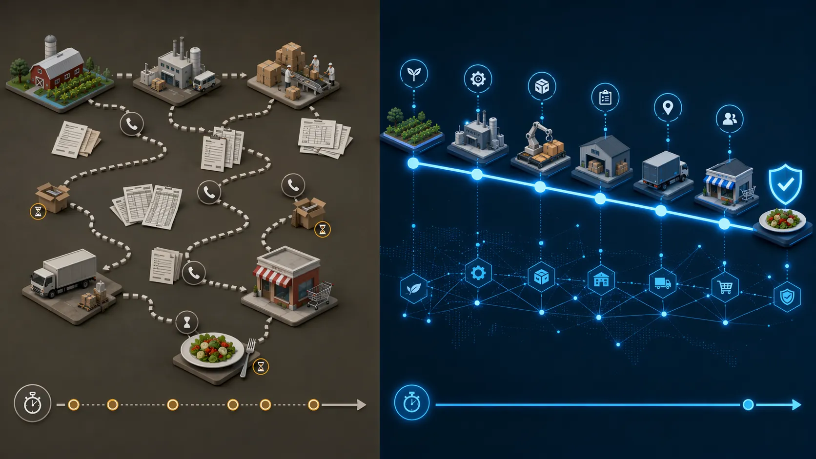 Split comparison of manual traceback using paper and spreadsheets versus connected digital traceability nodes
