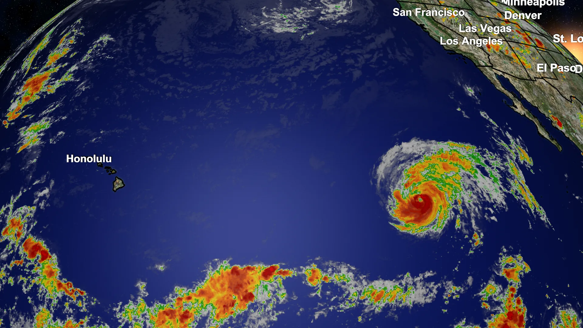 Satellite image of Hurricane Fausto over the Pacific Ocean moving westward toward Hawaii