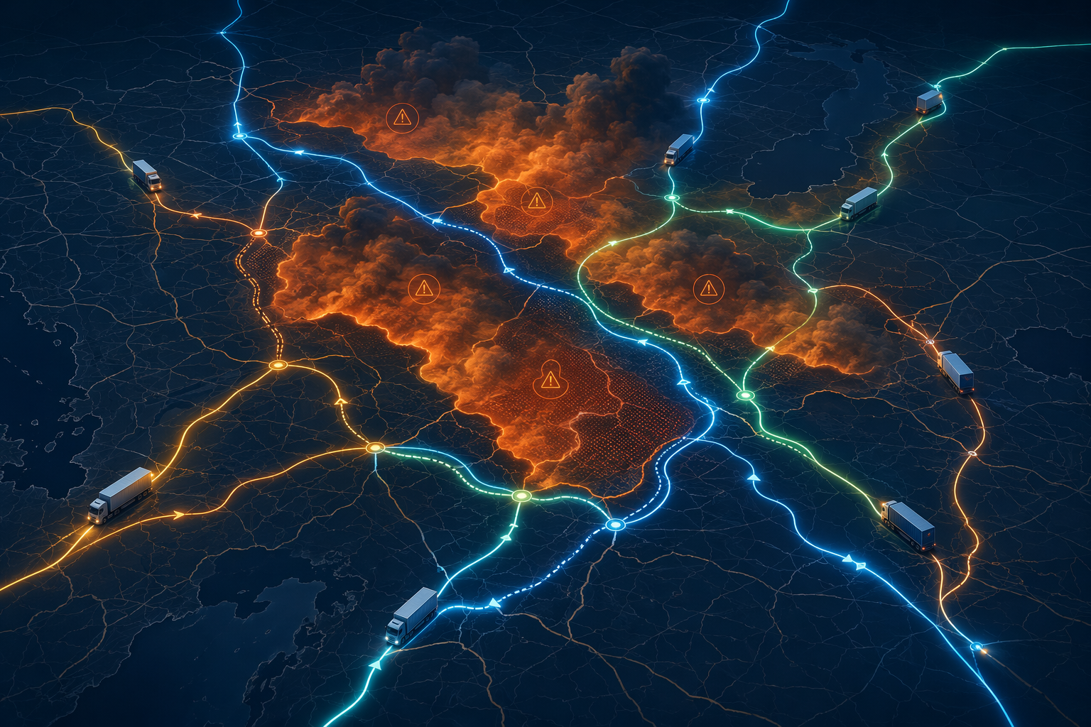 Logistics route network map with orange wildfire smoke hazard zones and rerouted freight paths