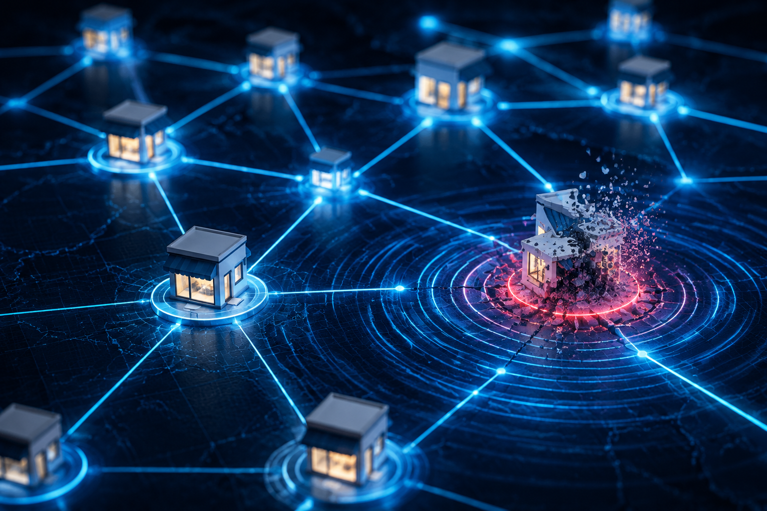 Abstract retail network grid with one store node fading and pressure waves moving through connected nodes