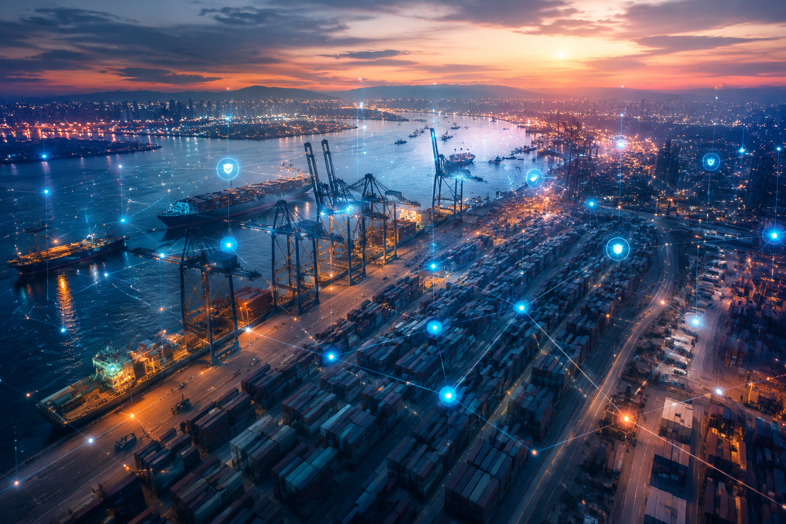 Aerial container port overlaid with AI network lines and data nodes